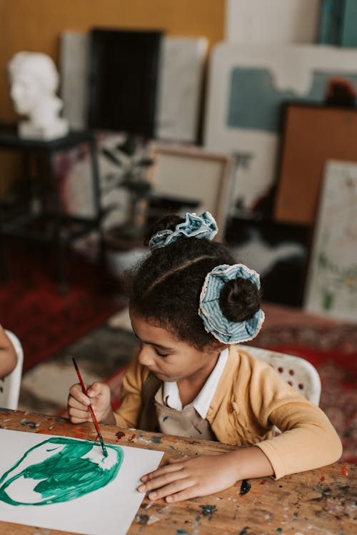 Girl in Long Sleeve Shirt Painting on White Paper