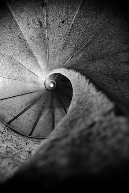 Grayscale Photo of Spiral Staircase
