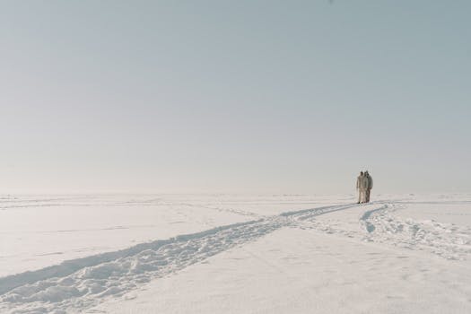 A serene winter scene with two people walking on a vast snowy landscape under a clear sky.