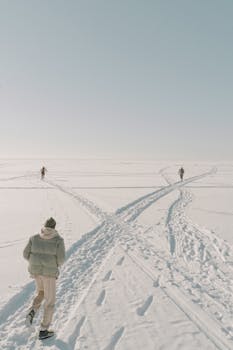 Three people running and walking on a vast snowfield during winter.