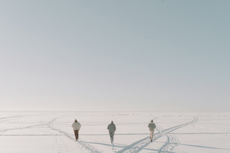 Back View Of People Running During Winter