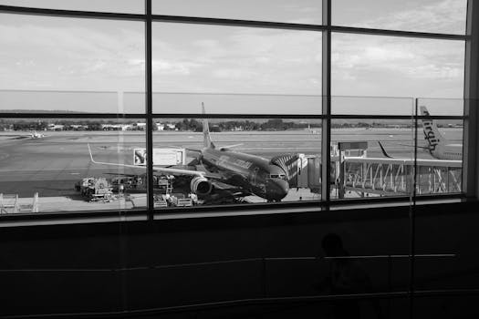 Monochrome view of an airport runway showcasing airplanes and gates through large windows.