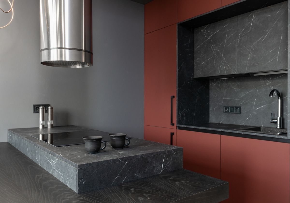 Modern kitchen interior design with a large central island