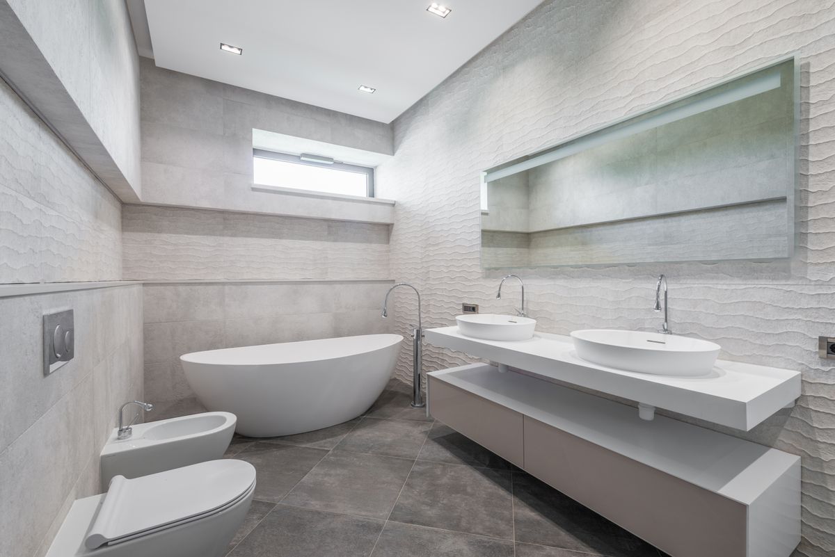 luxury bathroom with vanity and organised storage