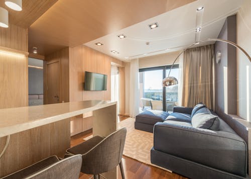 Interior of modern living room with wooden walls and counter near soft comfy sofa placed near window in daylight