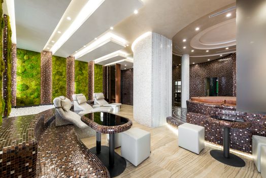 Spacious wellness center with heated loungers and bathtubs