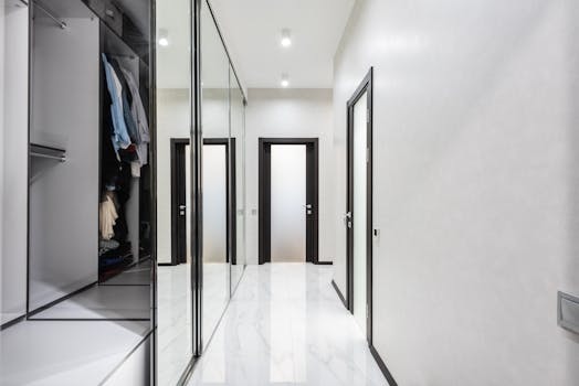 Long light corridor with white walls and opened wardrobe with cloth in modern apartment with closed doors and glowing lamps