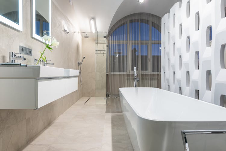 Interior Of Bathroom With Decorative Partition