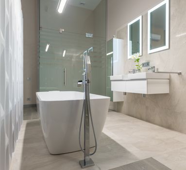 White bath placed near sink with flower near illuminated mirrors neat glass shower cabin in stylish bathroom with decorative partition