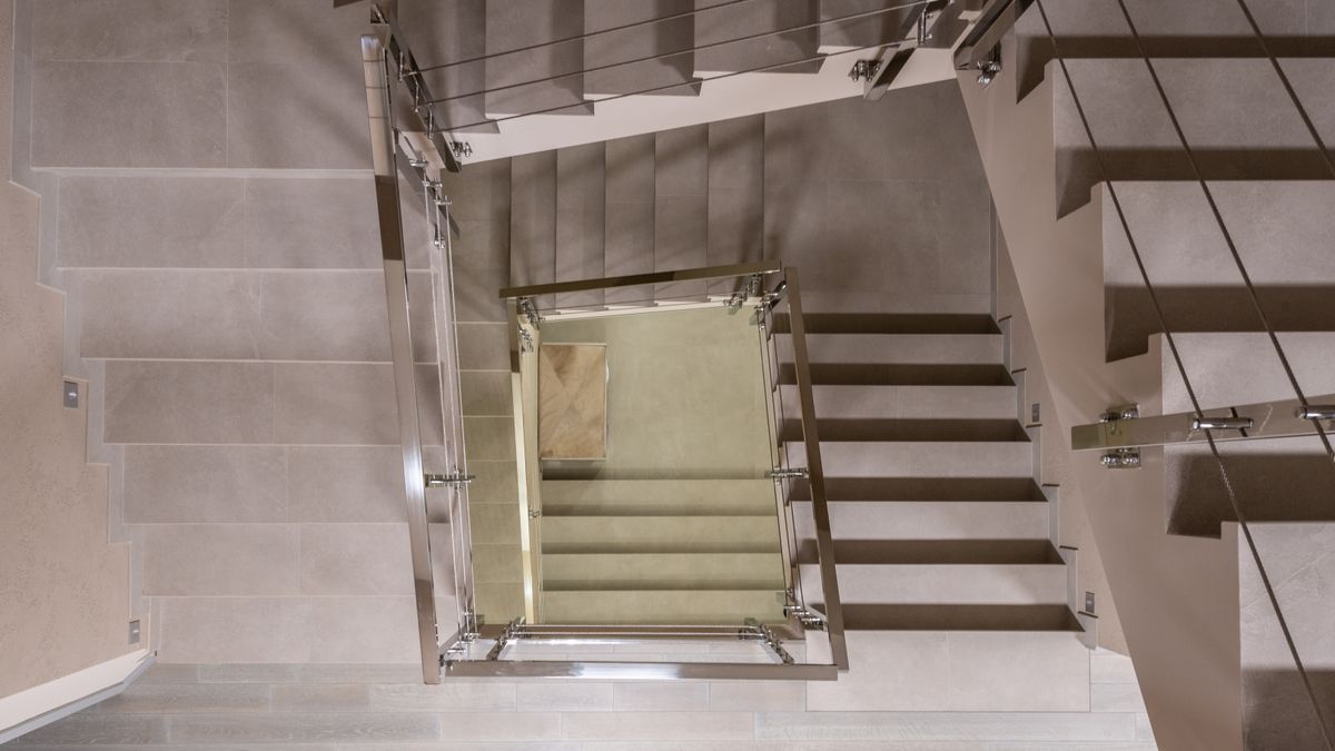 Flights of stairs with handrails. Four or more risers need a handrail under the IRC.