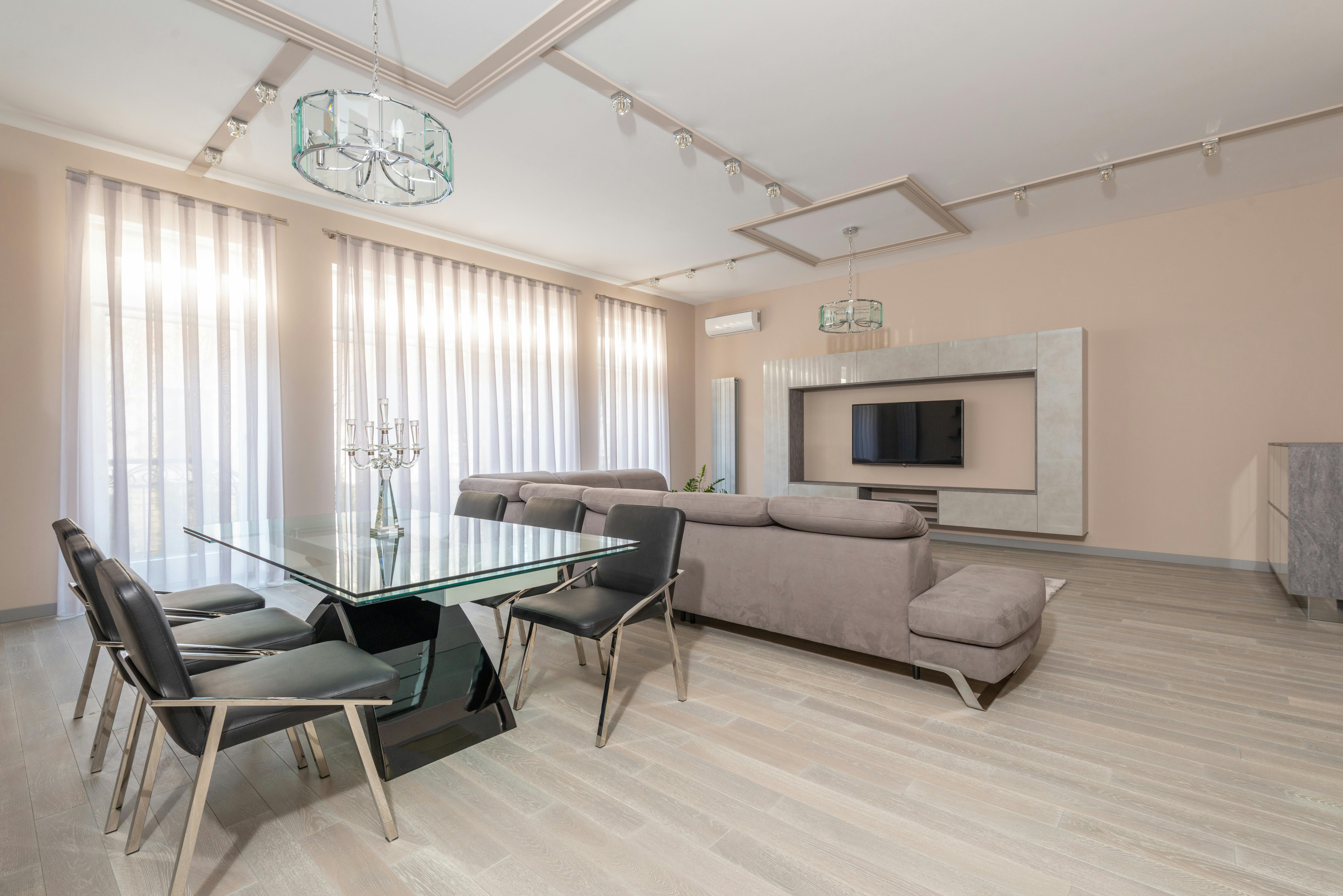 interior of modern living room with dining area