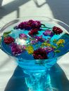 Red and Yellow Flower on Blue Glass Bowl