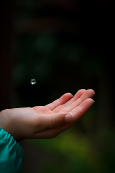 A close-up of a hand reaching to catch a solitary water droplet against a blurred green background.