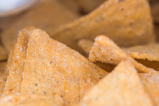 Macro photography of salted corn tortilla chips, showcasing texture and seasoning.