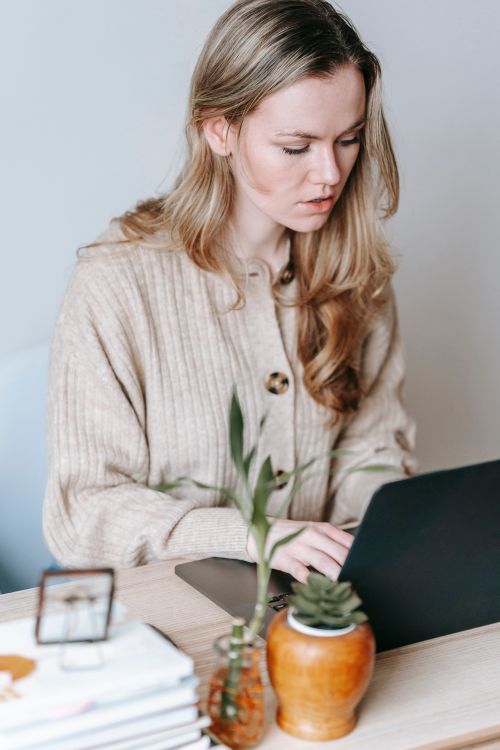 Free Attentive young female distance employee working on portable computer at desk with plants in house on light background Stock Photo