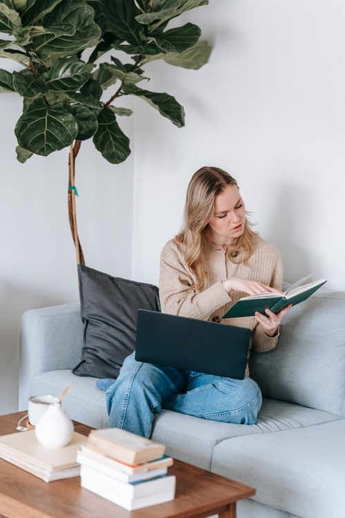 Free Focused young female studying book while browsing netbook at table with interesting literature at home Stock Photo