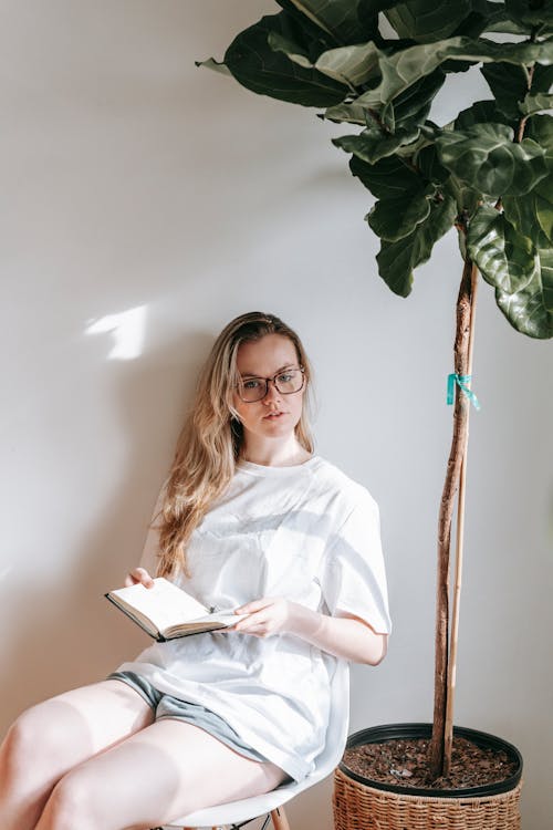 Serious young female in home clothes and eyeglasses sitting on chair and reading literature near plant in pot