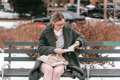 Focused female wearing warm outerwear reading book while sitting on wooden bench on snowy street with cars on winter day