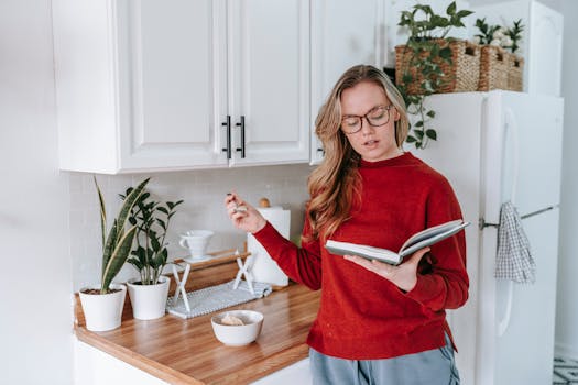 A woman in a red sweater reads a book in a cozy kitchen setting with plants and light decor.