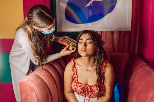 A makeup artist applies makeup with a brush to a woman indoors, showcasing beauty and care.