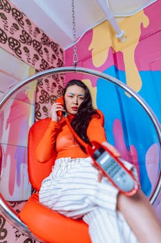 Fashionable woman sitting in a colorful modern interior, using a telephone, showcasing bold style.