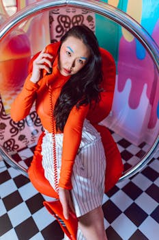 Stylish woman in vibrant setting with retro phone, exuding modern fashion flair.