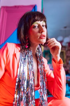 Stylish portrait showcasing colorful fashion and glittering accessories.
