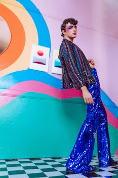 Vibrant studio portrait showcasing colorful fashion and bold makeup for artistic expression.