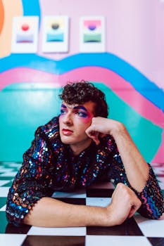 Artistic portrait featuring vibrant makeup and sequins, highlighting LGBT pride and fashion.