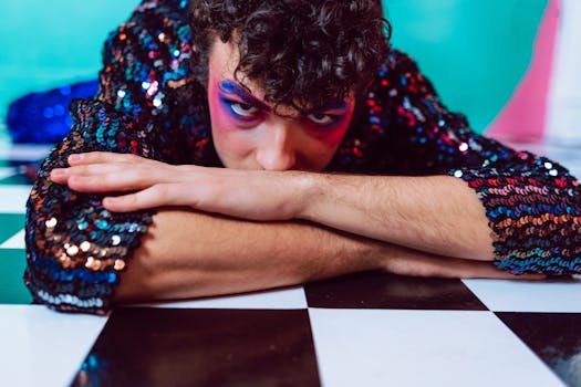 A colorful portrait featuring a person in sequins with expressive makeup and intense gaze.