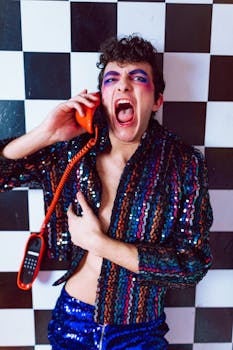 Colorful fashion portrait with bold makeup and sequined outfit against checkered backdrop.