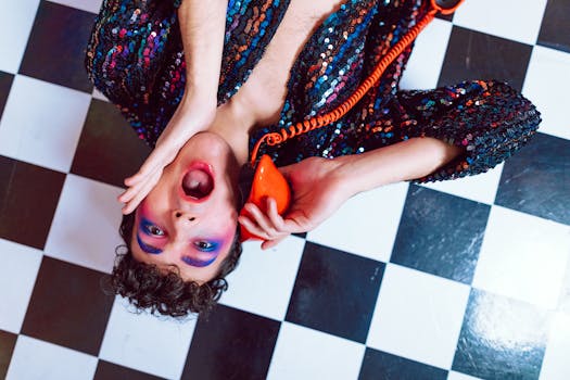 Colorful portrait of a person with artistic makeup holding a vintage orange phone on a checkered floor.