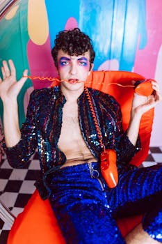 A colorful artistic portrait showcasing bold fashion and makeup with retro elements.