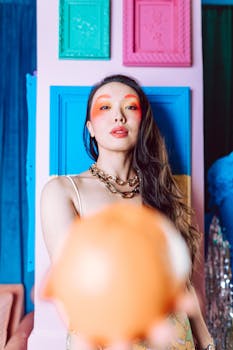 Stylish portrait of a woman with bold makeup and colorful background.