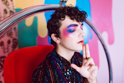 A vibrant portrait of a young person with bold makeup and a colorful background, exuding artistic expression.