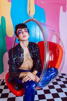 Colorful portrait of a young person in vibrant, contemporary fashion and makeup, sitting in a modern, artistic setting.