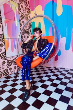 A stylish person poses in a retro-themed room with bold colors and patterns, wearing a sequined outfit.