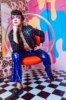 Stylish portrait showcasing vibrant makeup and fashion in a colorful indoor setting.