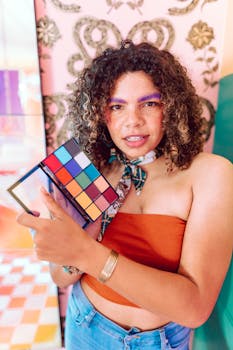 Bright portrait of a woman showcasing colorful makeup in a stylish setting.