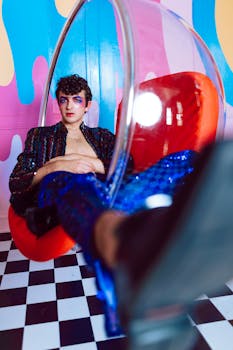 Expressive portrait of an adult with vibrant makeup in a playful setting.