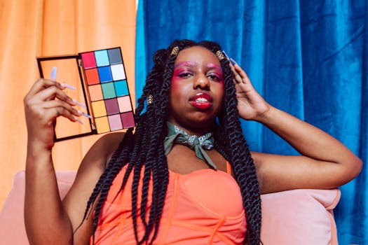Vibrant portrait of a woman holding a makeup palette showcasing bold fashion and style.
