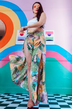 Colorful portrait featuring bold fashion and artistic background elements.