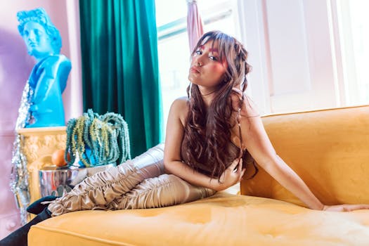 Trendy woman lounging on a vibrant yellow couch with artistic decor in trendy setting.