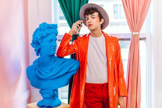 Vibrant portrait of a stylish person indoors, featuring colorful attire and a blue bust sculpture against colorful curtains.