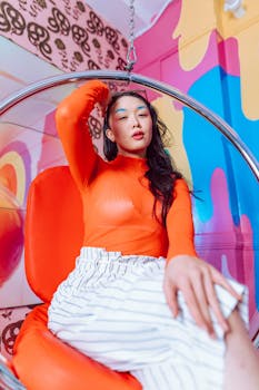 Stylish portrait of a woman in a modern, colorful interior with bold makeup and fashion.