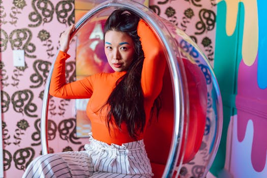 Stylish woman in orange top with modern decor. Retro vibe indoors.