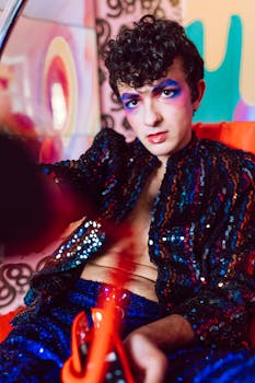 Colorful portrait of a person indoors wearing sequined clothing and bold makeup, capturing a vibrant style.