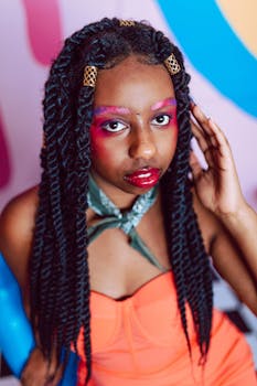 Vivid portrait showcasing a young woman with vibrant makeup and braided hairstyle.