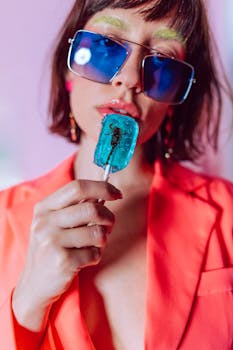 Stylish portrait of a woman in sunglasses holding a blue lollipop with a colorful fashion vibe.
