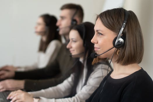 Customer support team working with headsets in a modern office setting.